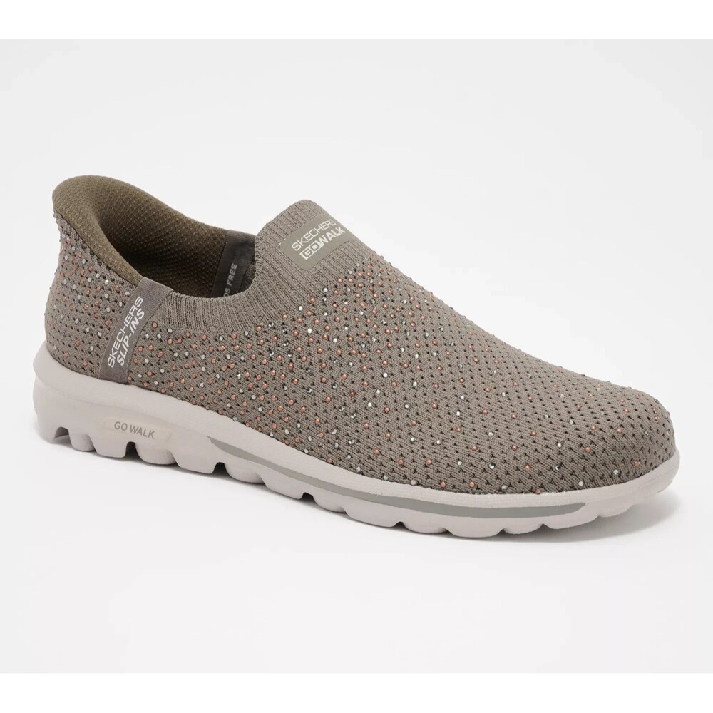 Skechers Slip-ins GO WALK Travel Rhinestone Shoes - Amara - Dark Taupe, 8.5W